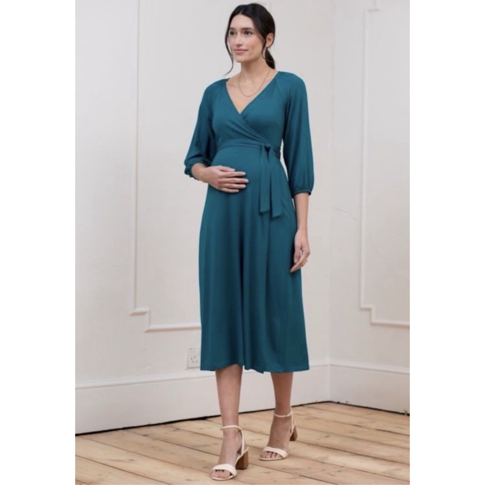 Seraphine Womens Maternity Wrap Dress Teal 3/4 Sleeve Tie Waist Size 6 V-Neck